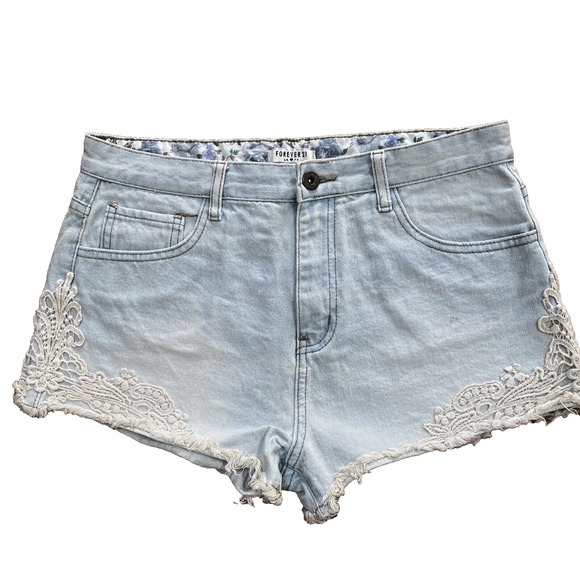 Forever 21 Size 29 High Rise Light Wash Cut Off Denim Jean Shorts Lace Details - Picture 1 of 8